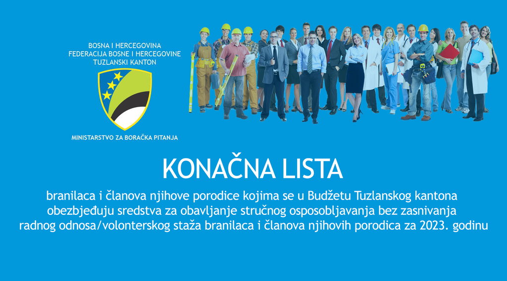 KONAČNA LISTA branilaca i članova njihove porodice kojima se u Budžetu Tuzlanskog kantona obezbjeđuju sredstva za obavljanje stručnog osposobljavanja bez zasnivanja radnog odnosa/volonte...